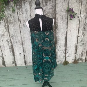 Maeve Anthropologie small emerald green with black lace flowy dress
